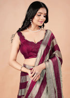 Wine Tissue Silk Saree With Metallic Stripe Work