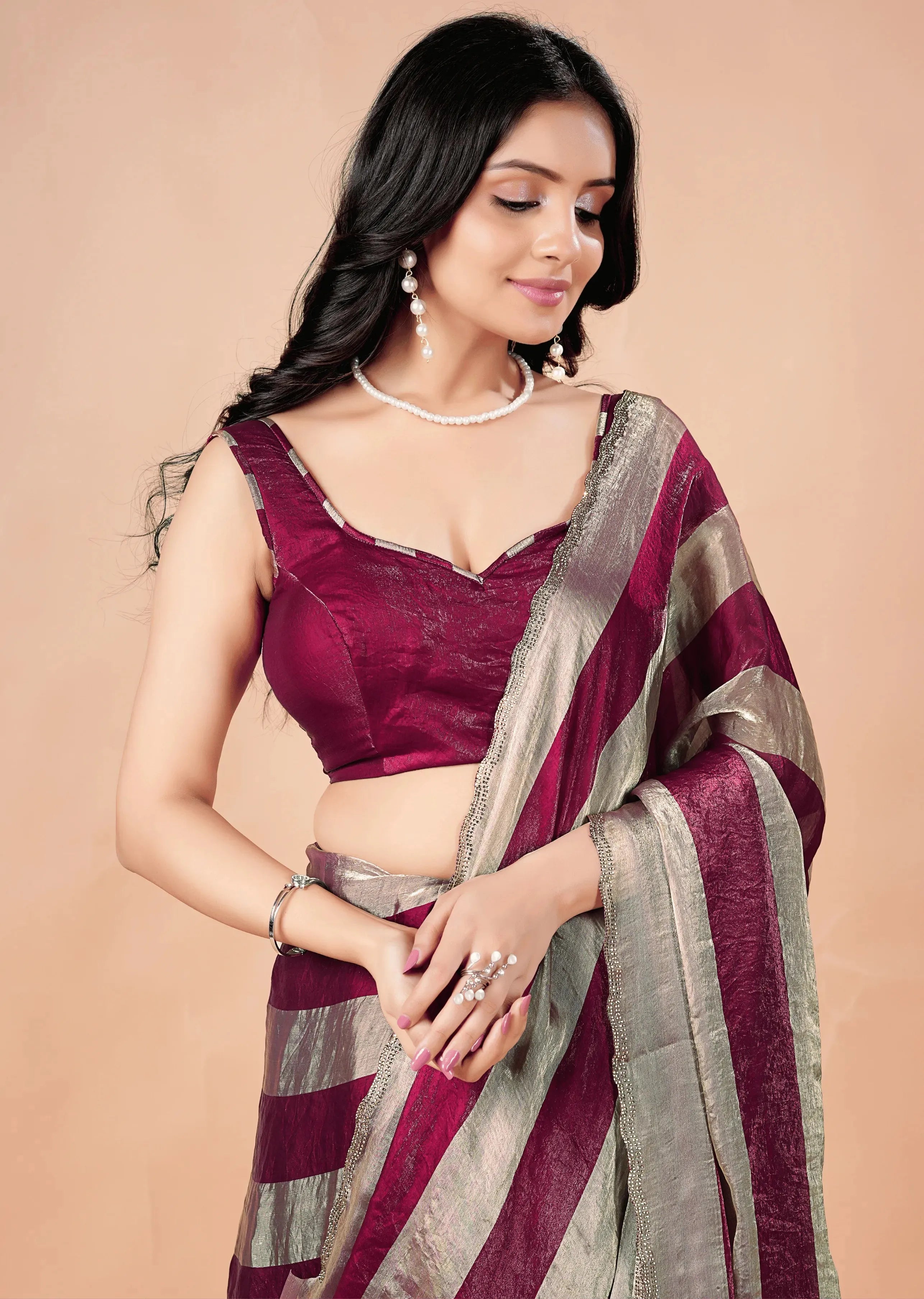 Wine Tissue Silk Saree With Metallic Stripe Work
