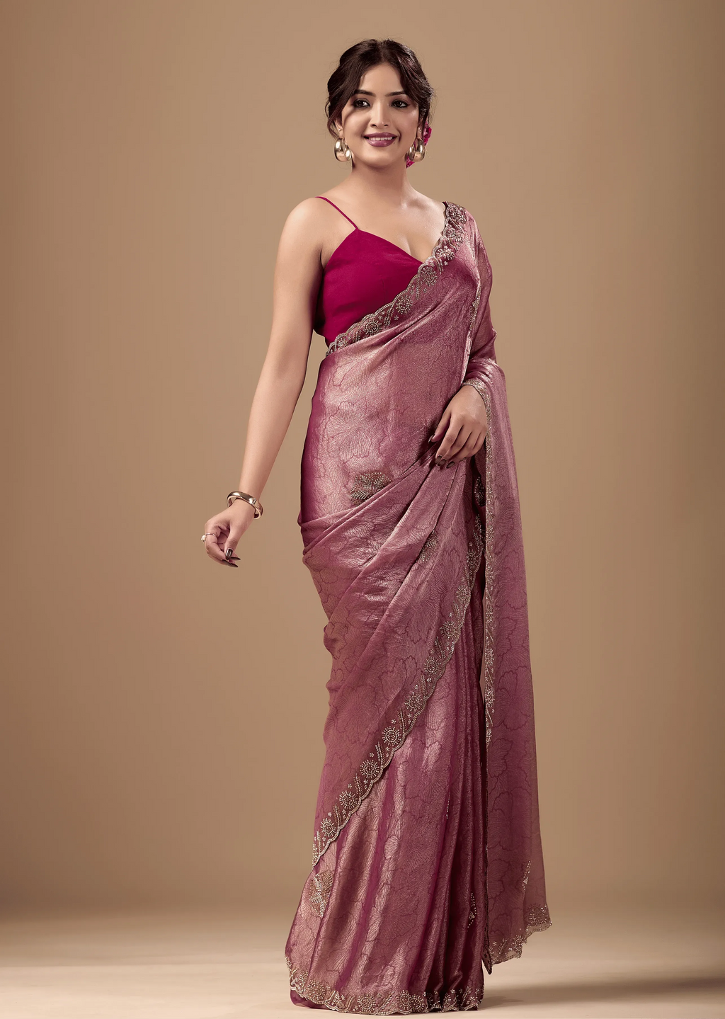 Rose Pink Jacquard Saree With Handcrafted Stone Border
