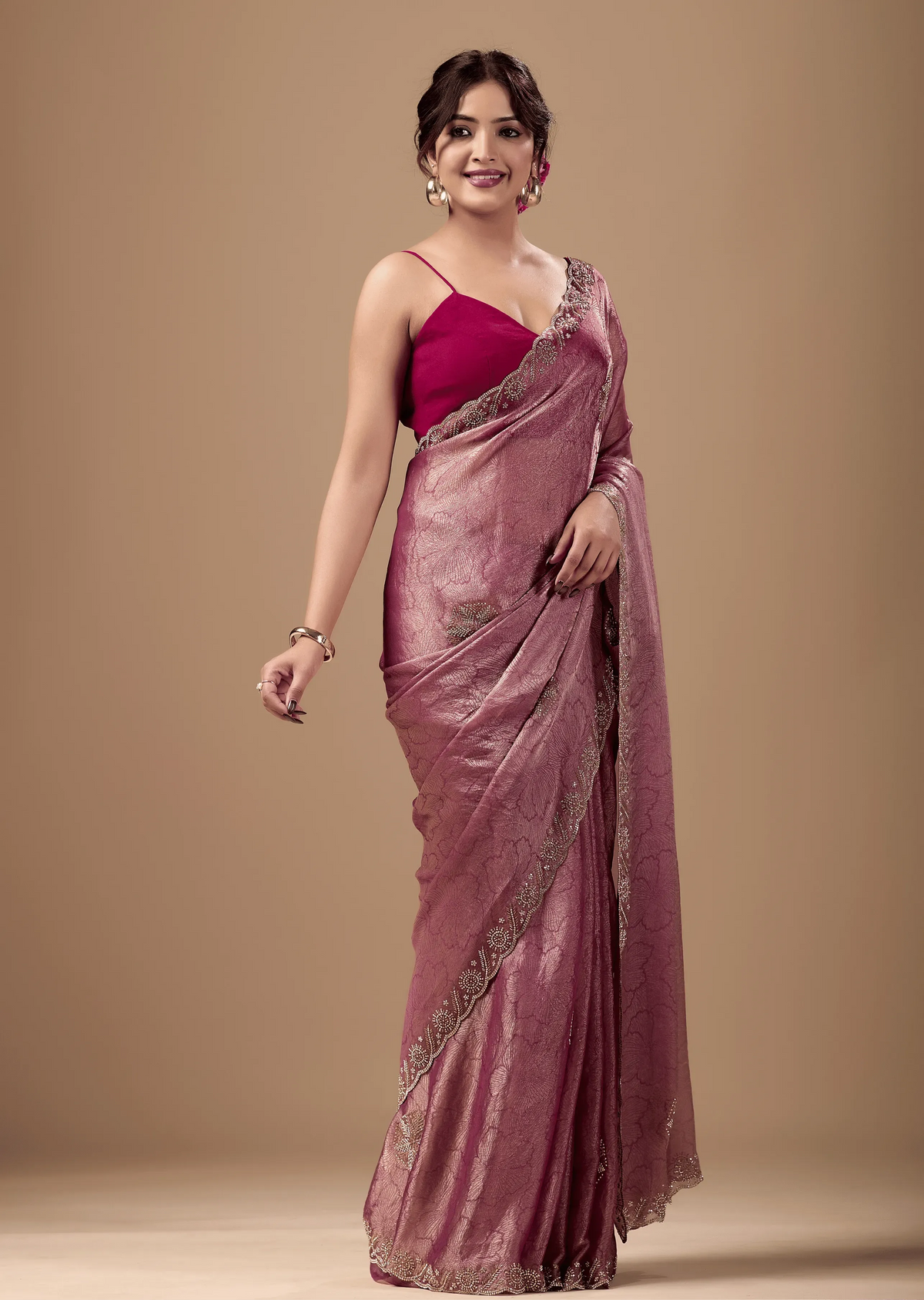 Rose Pink Jacquard Saree With Handcrafted Stone Border