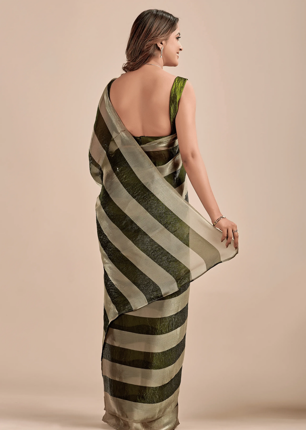 Olive Green Tissue Silk Saree With Metallic Stripe Weave