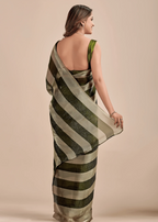 Olive Green Tissue Silk Saree With Metallic Stripe Weave