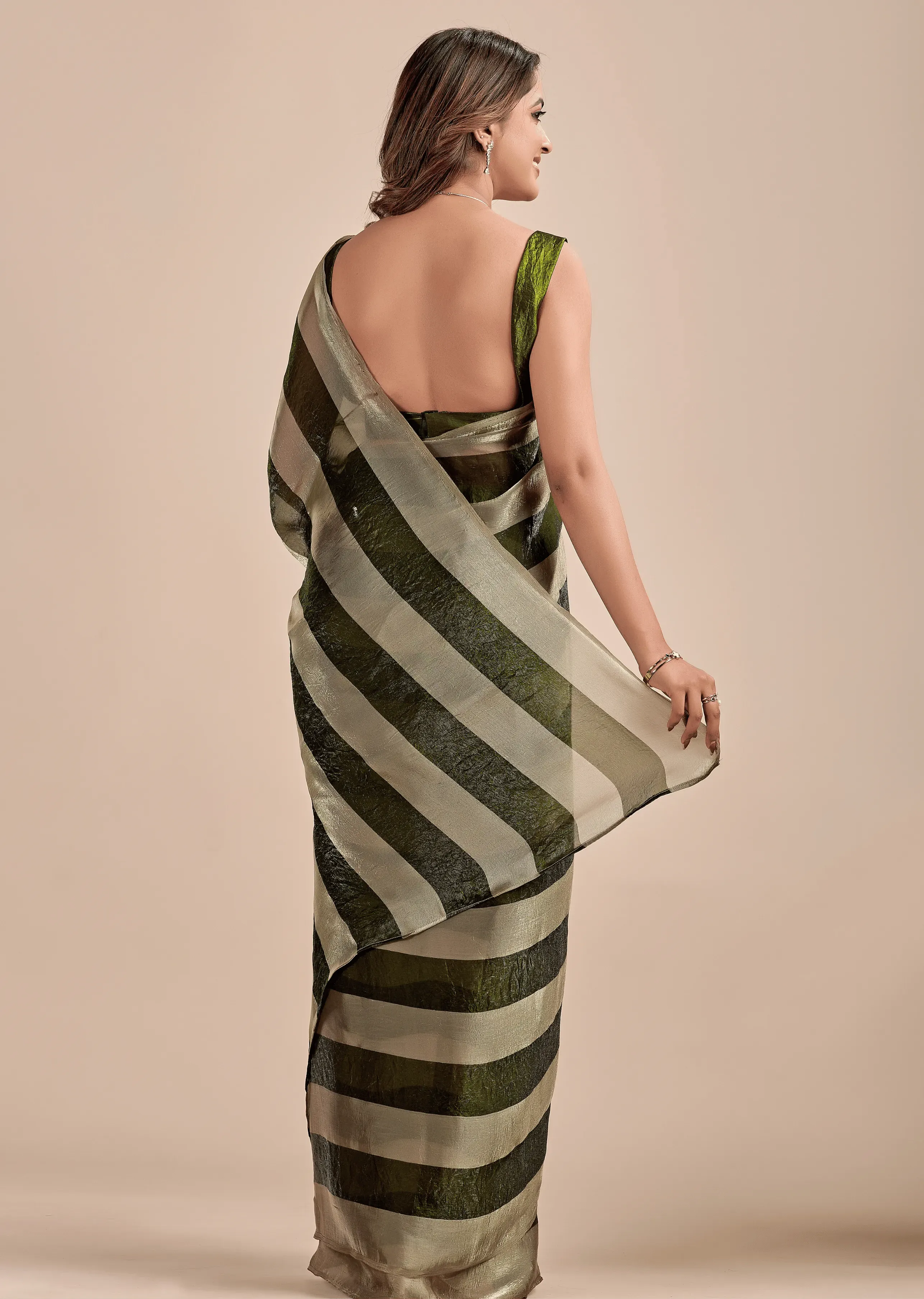 Olive Green Tissue Silk Saree With Metallic Stripe Weave