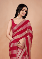 Rani Pink Tissue Silk Saree With Metallic Stripe Work