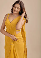 Mustard Yellow Chiffon Saree With Floral Embroidery