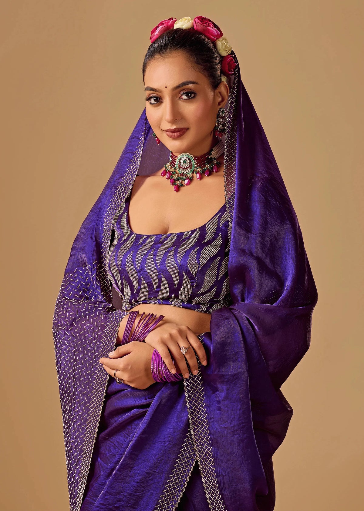 Royal Wine Tissue Silk Saree With Crystal Stone Border