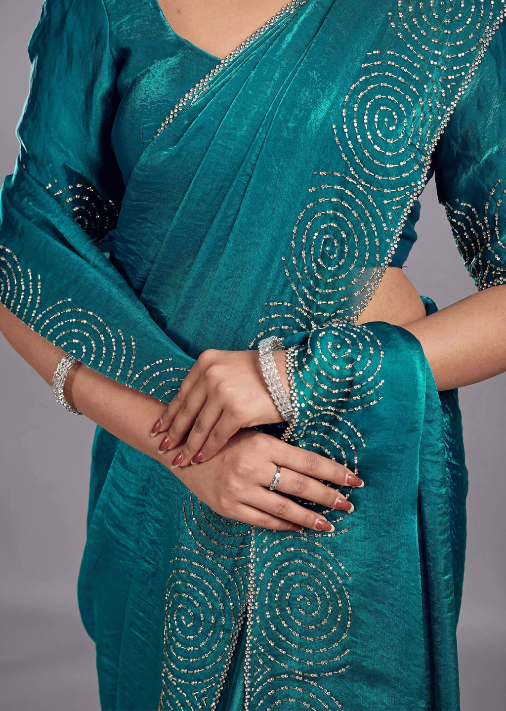 Peacock Teal Tissue Silk Saree With Crystal Spiral Work - Photo 3 | Buy Online Ethnic9