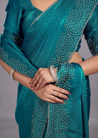 Peacock Teal Tissue Silk Saree With Crystal Spiral Work - Photo 3 | Buy Online Ethnic9