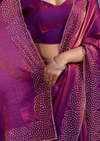 Magenta Tissue Silk Saree With Crystal Spiral Work