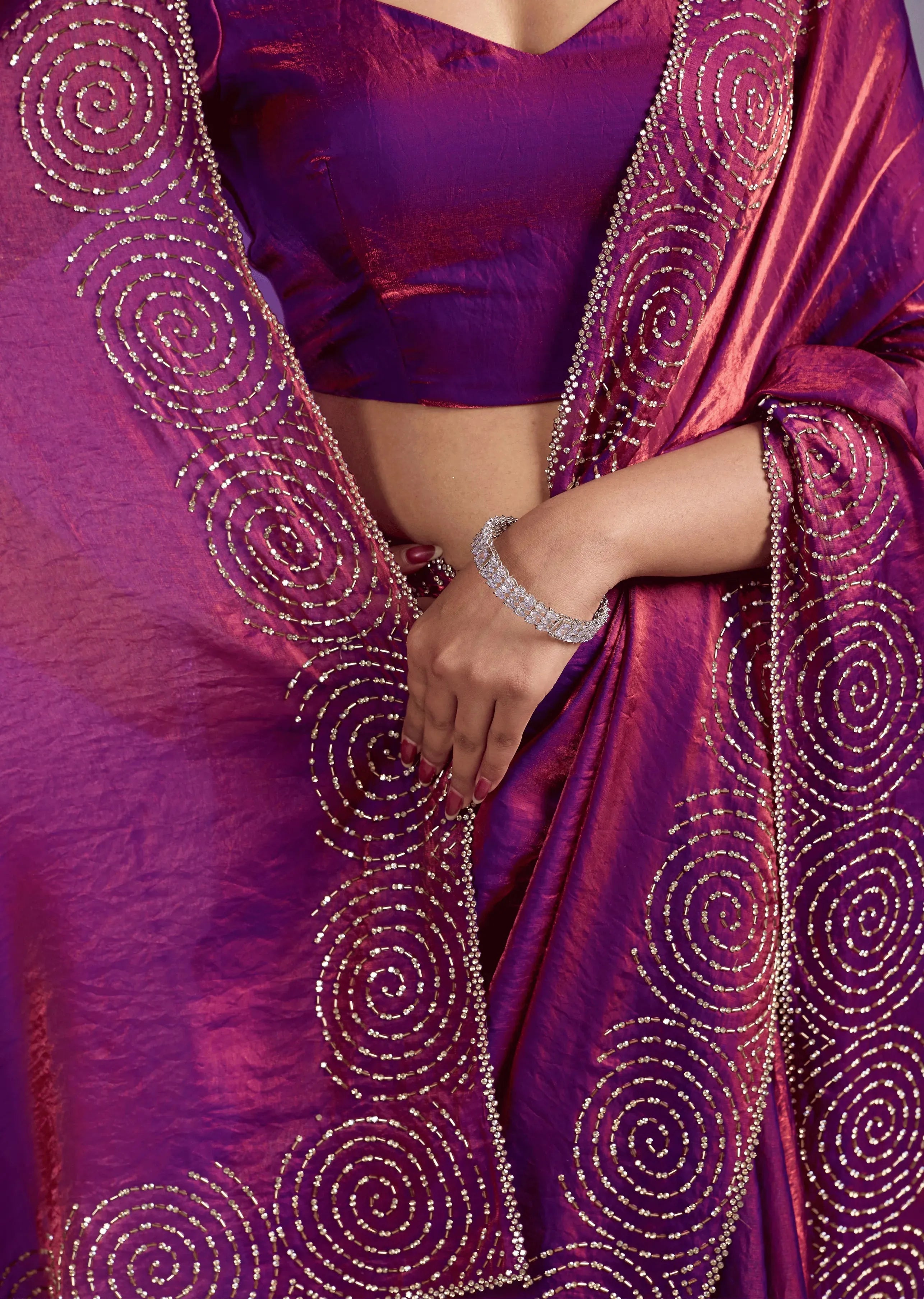 Magenta Tissue Silk Saree With Crystal Spiral Work
