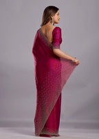 Rani Pink Tissue Silk Saree Back Pose - Crystal Stone Work Detail