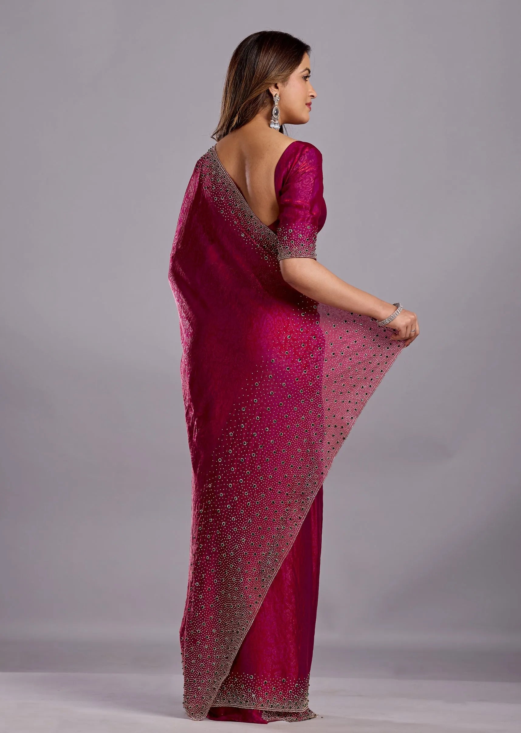 Rani Pink Tissue Silk Saree Back Pose - Crystal Stone Work Detail