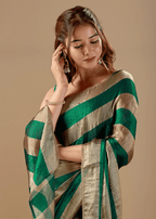 Emerald Green Tissue Silk Saree With Metallic Stripe Weave