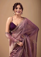 Lavender Mauve Jacquard Saree With Zarkan Stone Border