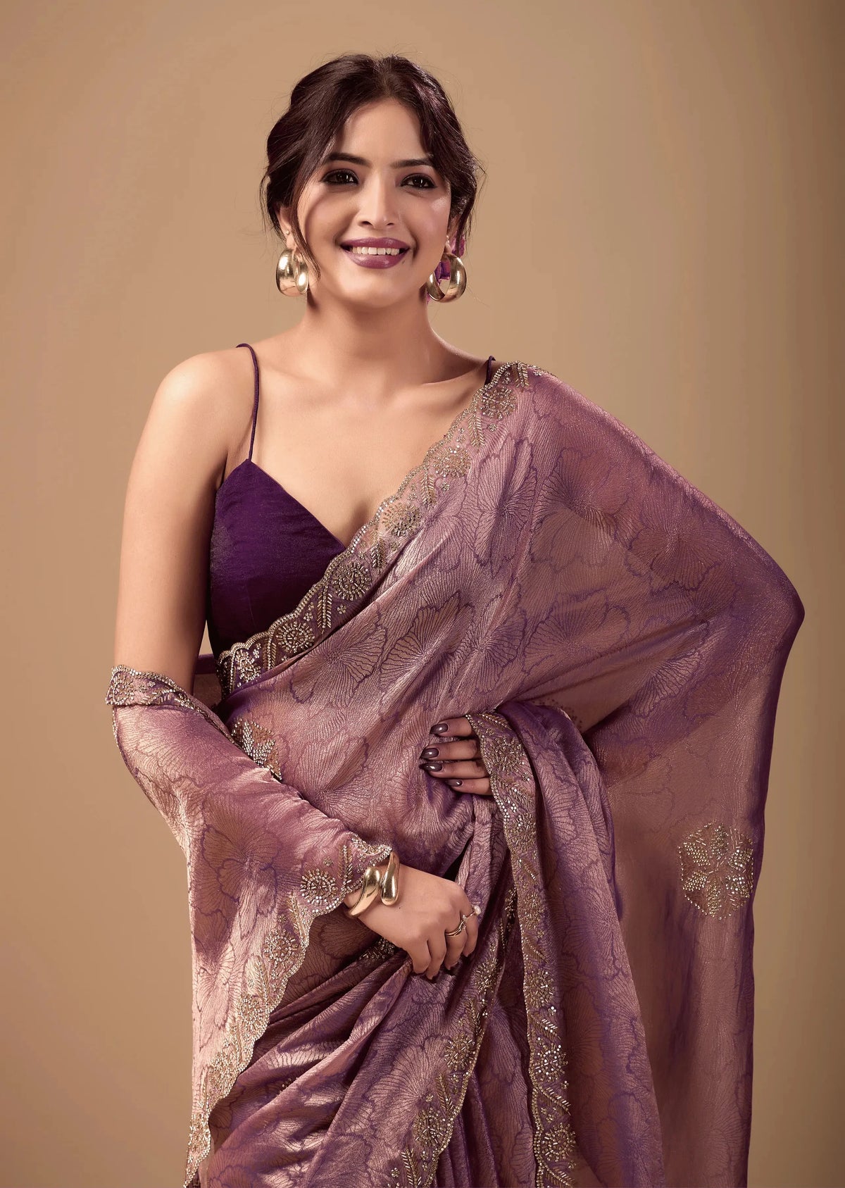 Lavender Mauve Jacquard Saree With Zarkan Stone Border