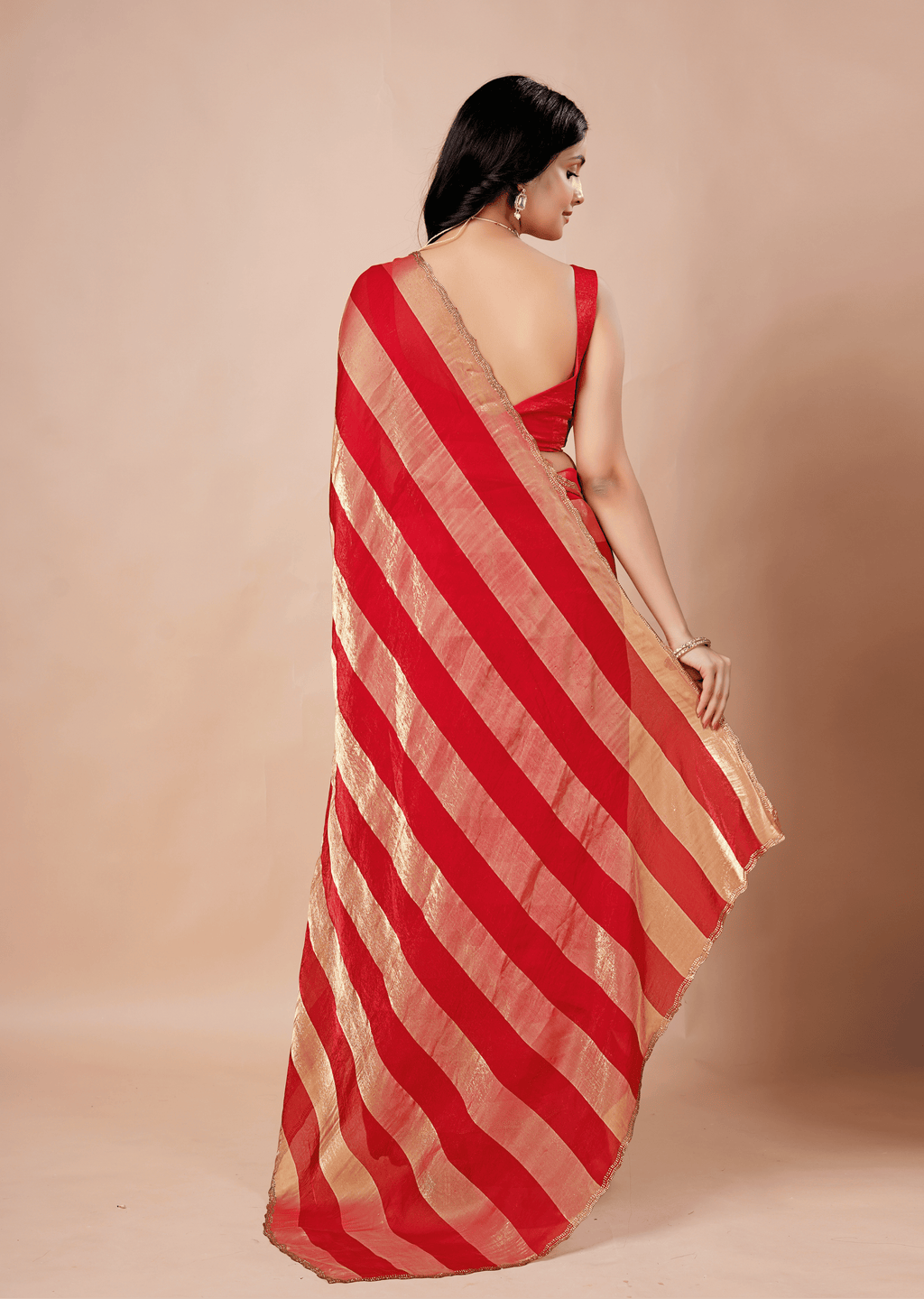 Crimson Red Tissue Silk Saree With Metallic Stripe Work