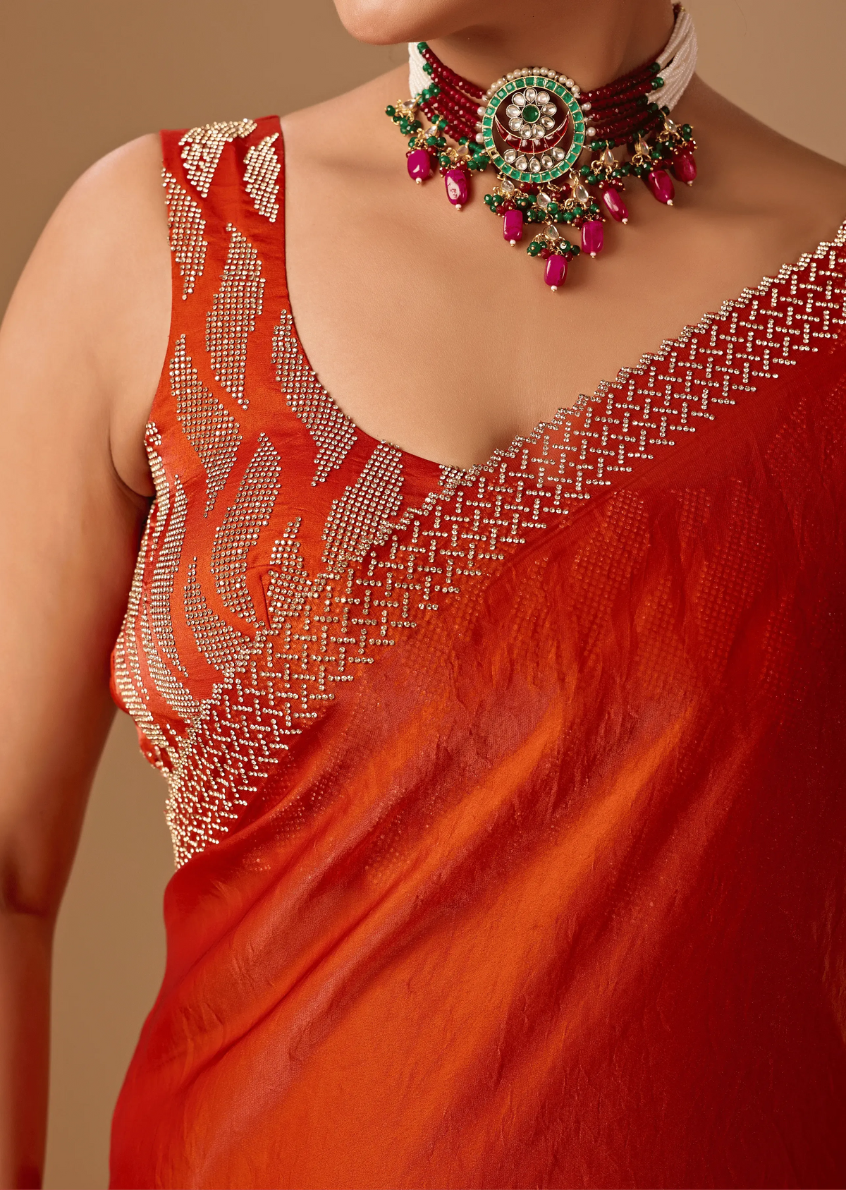 Burnt Orange Tissue Silk Saree With Rhinestone Border