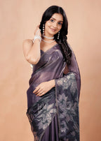 Smoky Purple Organza Silk Saree With Metallic Floral Print