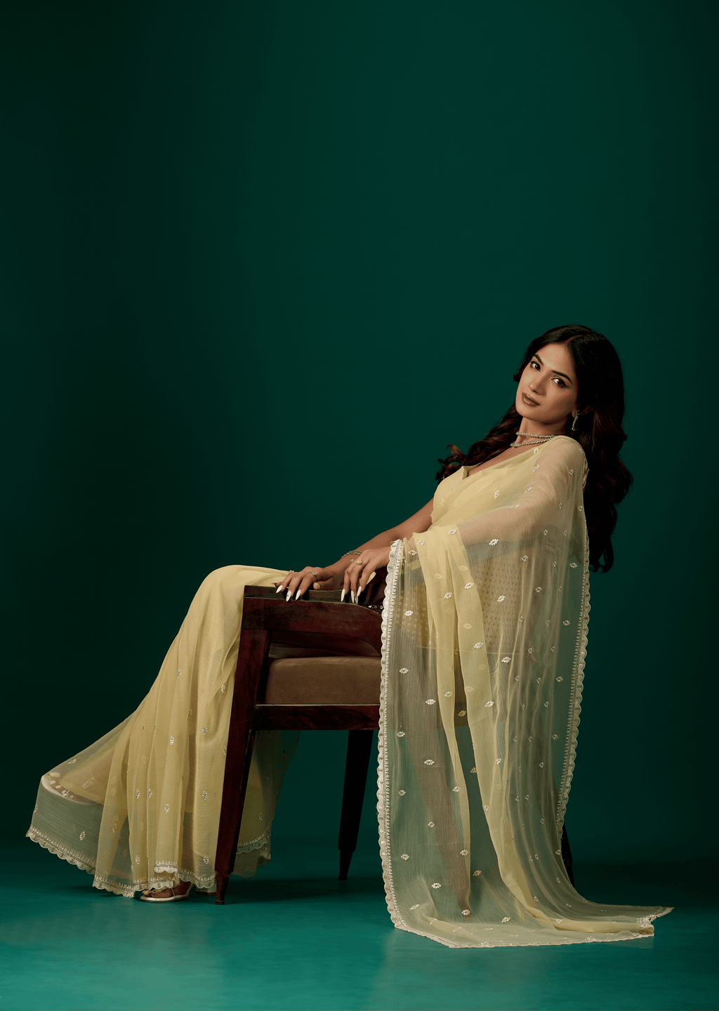 Butter Yellow Chiffon Saree With Floral Embroidery