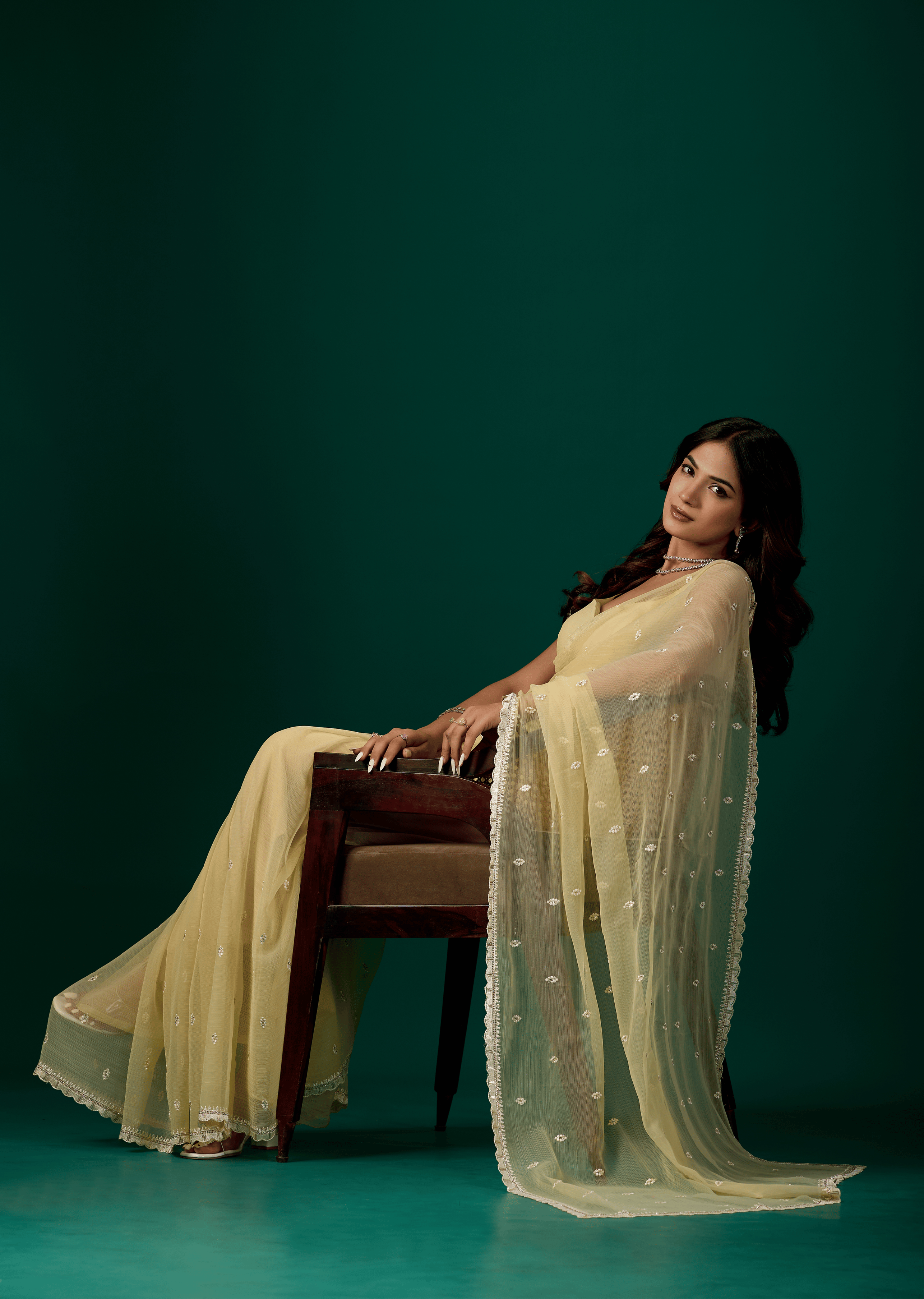 Butter Yellow Chiffon Saree With Floral Embroidery