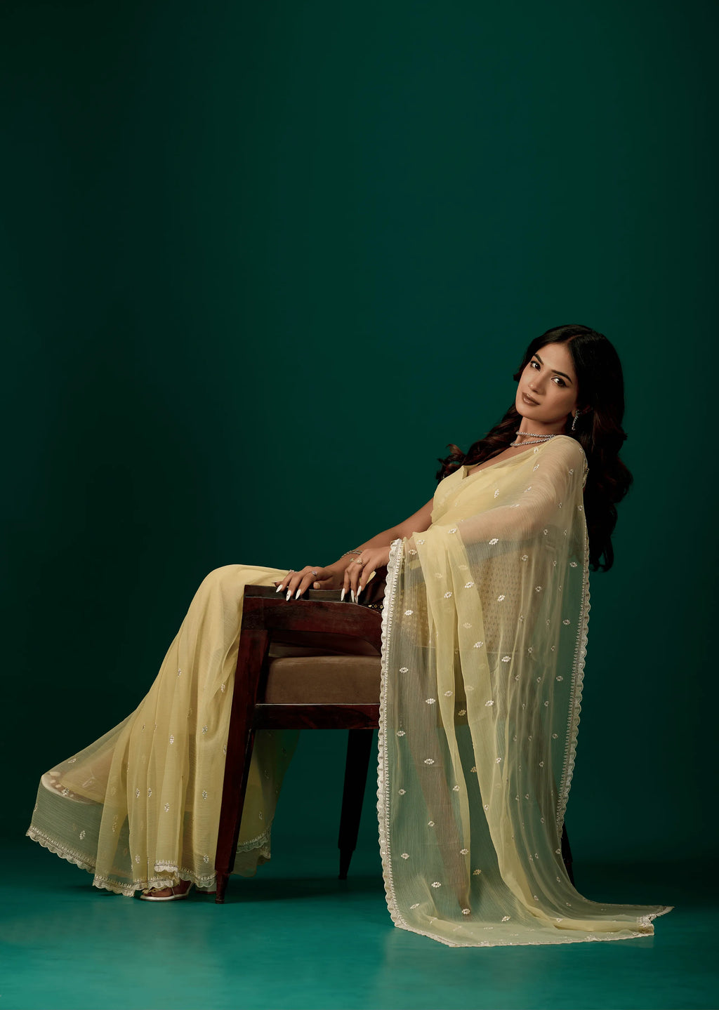 Light Yellow Chiffon Saree Seated Pose - Party Wear Saree