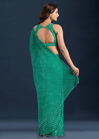 Teal Green Chiffon Saree Back Pose - Leheriya Print Detail