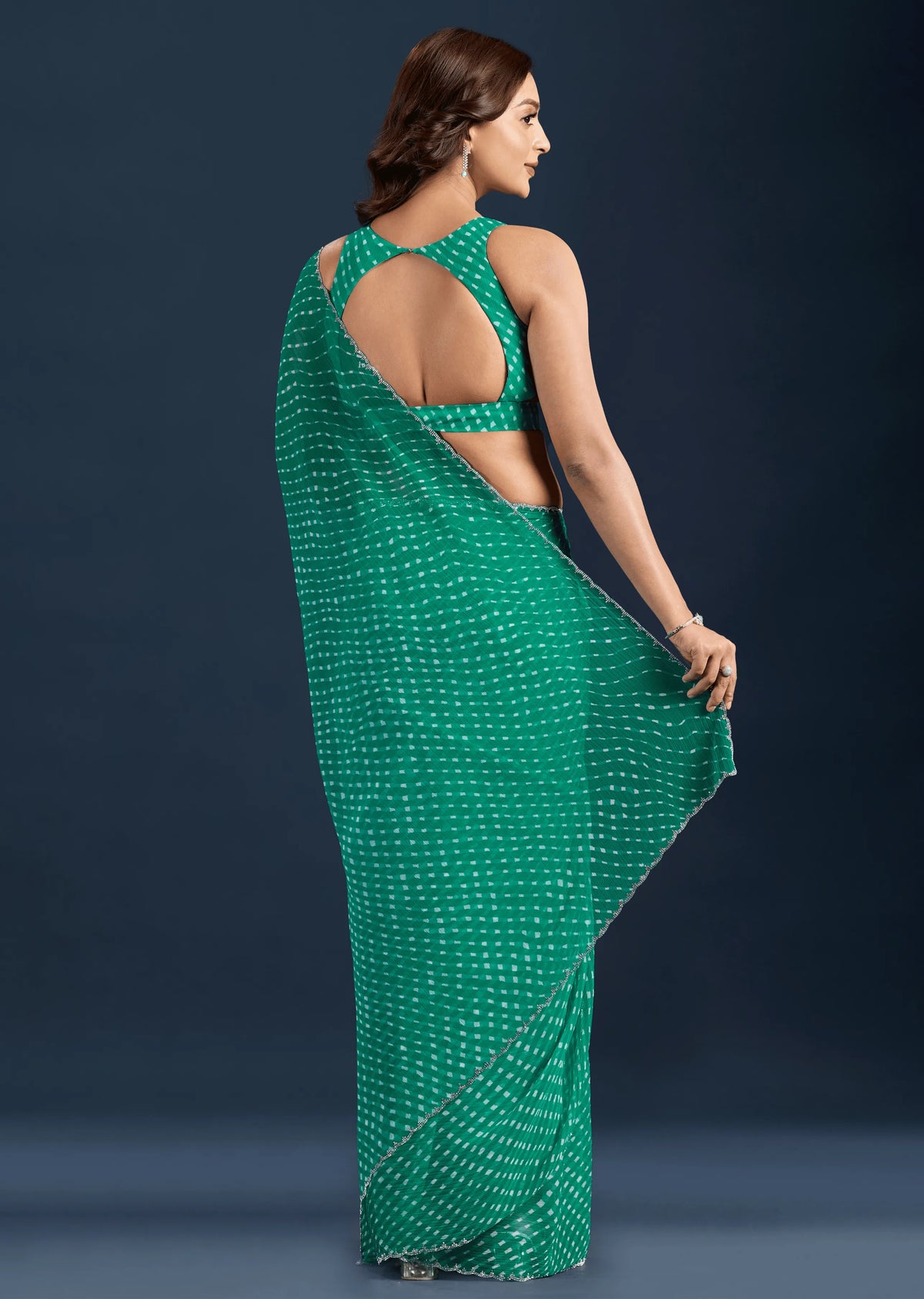 Teal Green Chiffon Saree Back Pose - Leheriya Print Detail