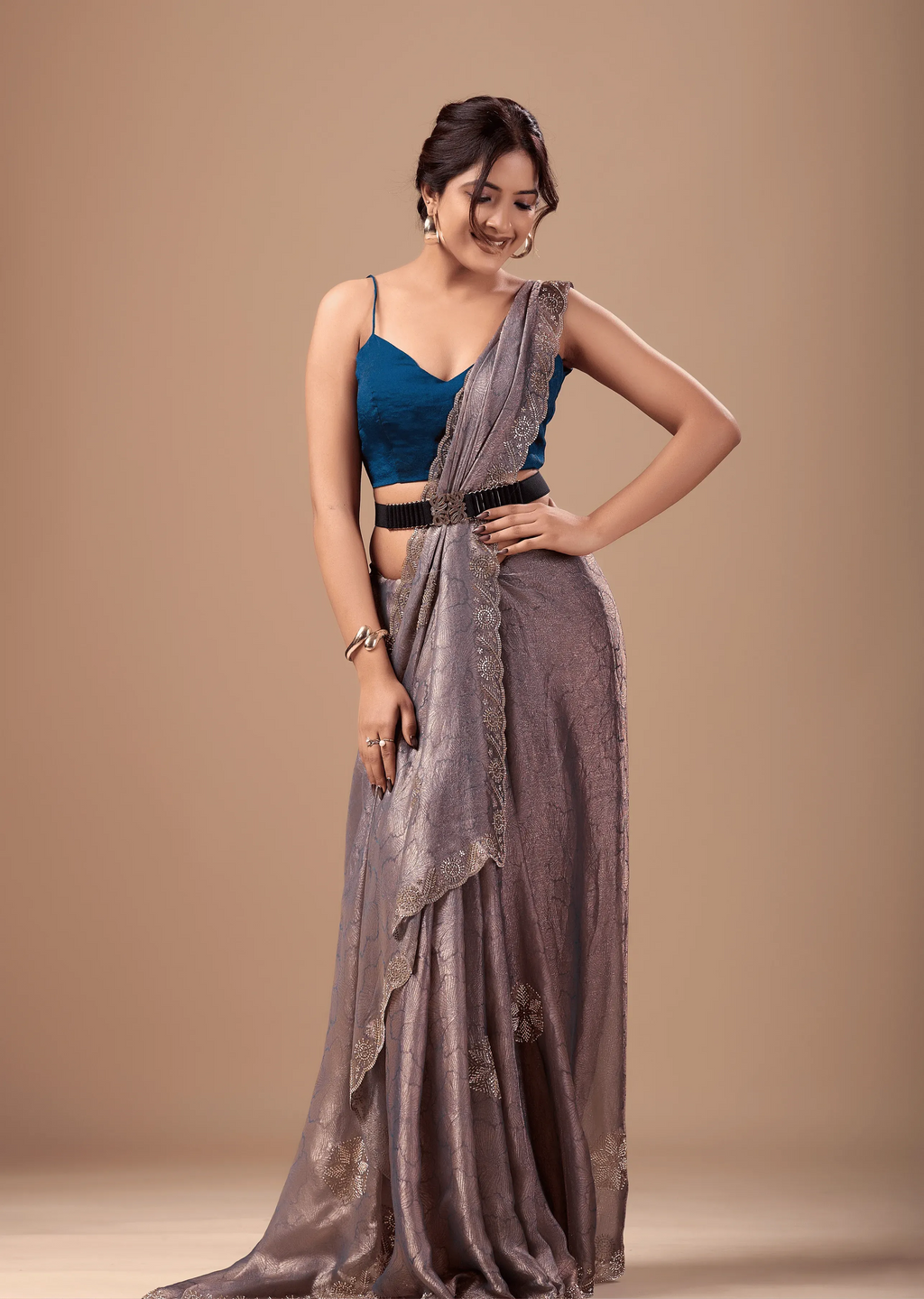Dusty Mauve Jacquard Saree With Cutdana Stone Work