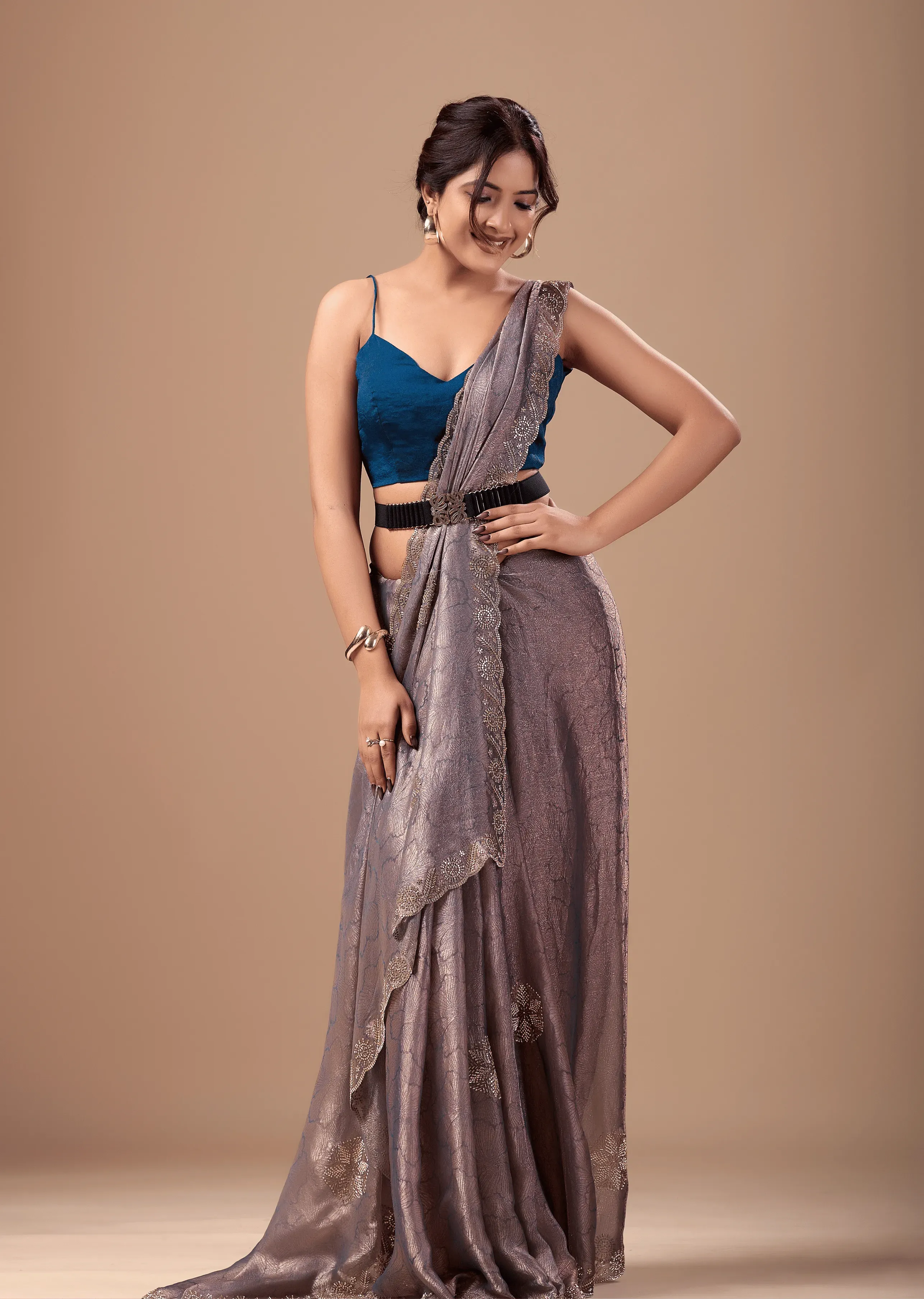 Dusty Mauve Jacquard Saree With Cutdana Stone Work