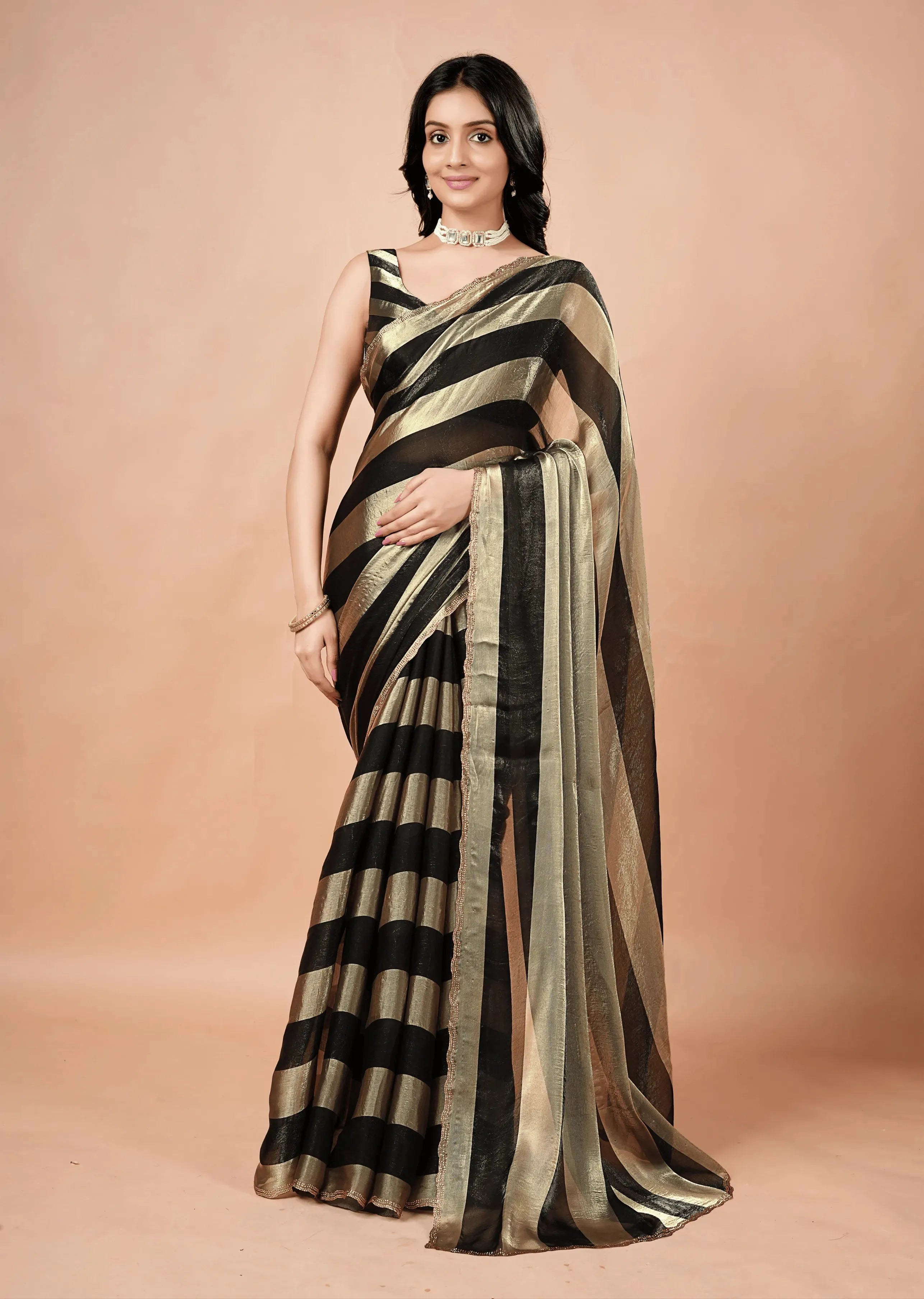 Black Tissue Silk Saree With Striped Weave
