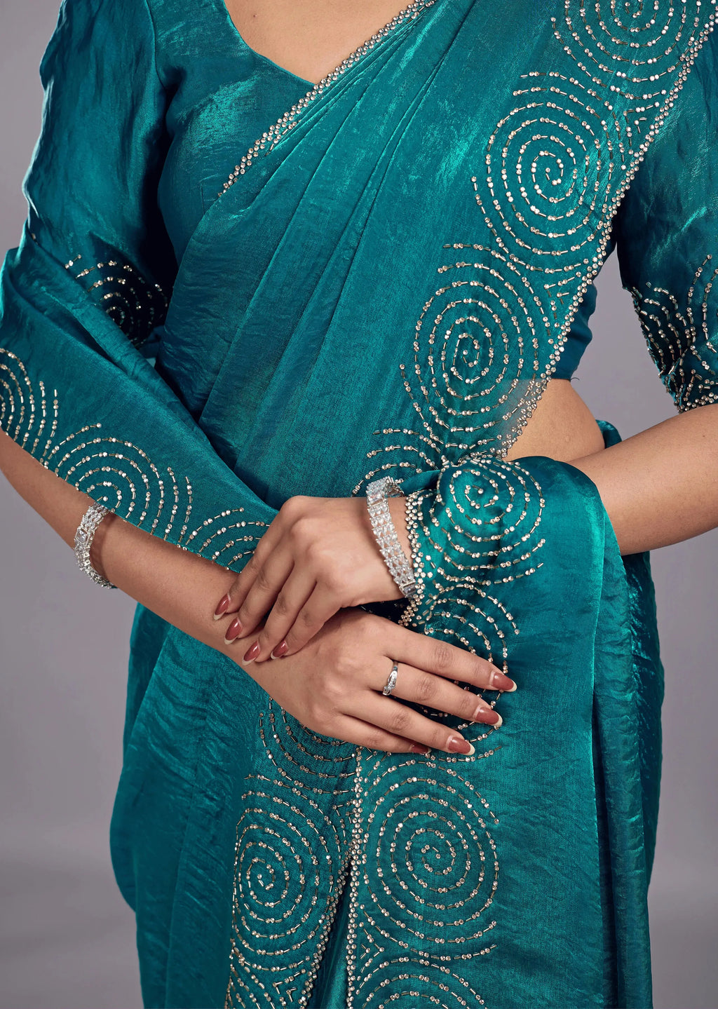 Peacock Teal Tissue Silk Saree With Crystal Spiral Work