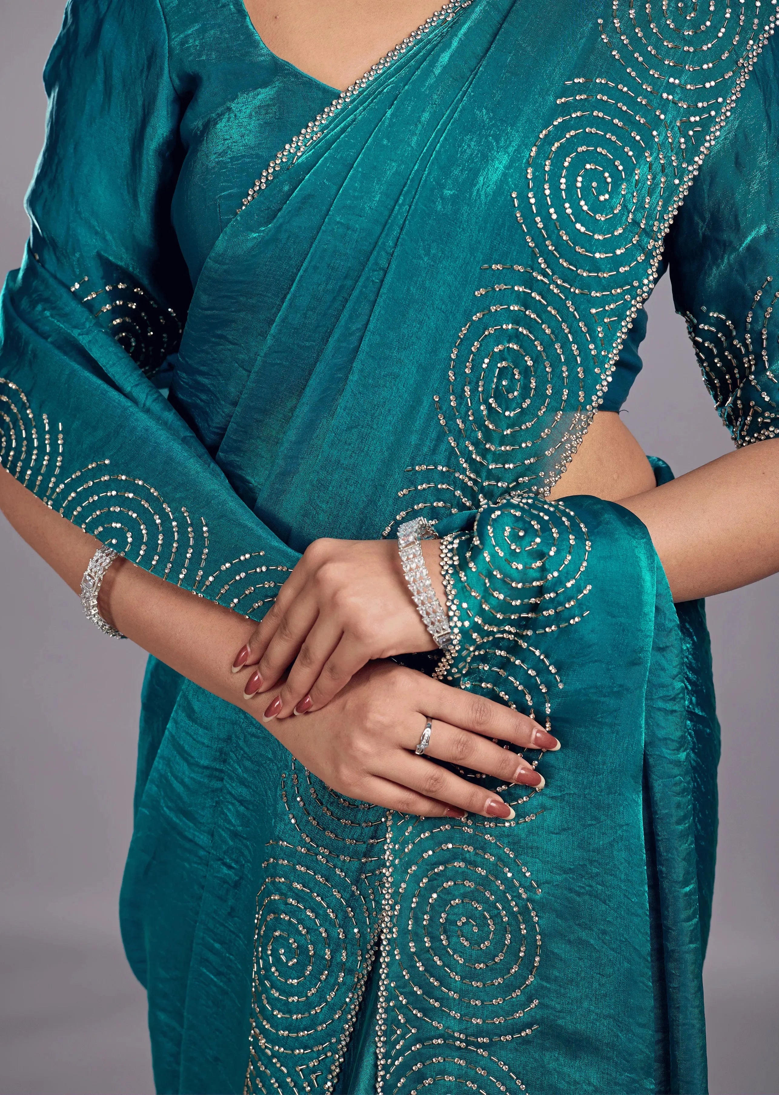 Peacock Teal Tissue Silk Saree With Crystal Spiral Work