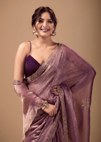 Lavender Mauve Jacquard Saree With Zarkan Stone Border
