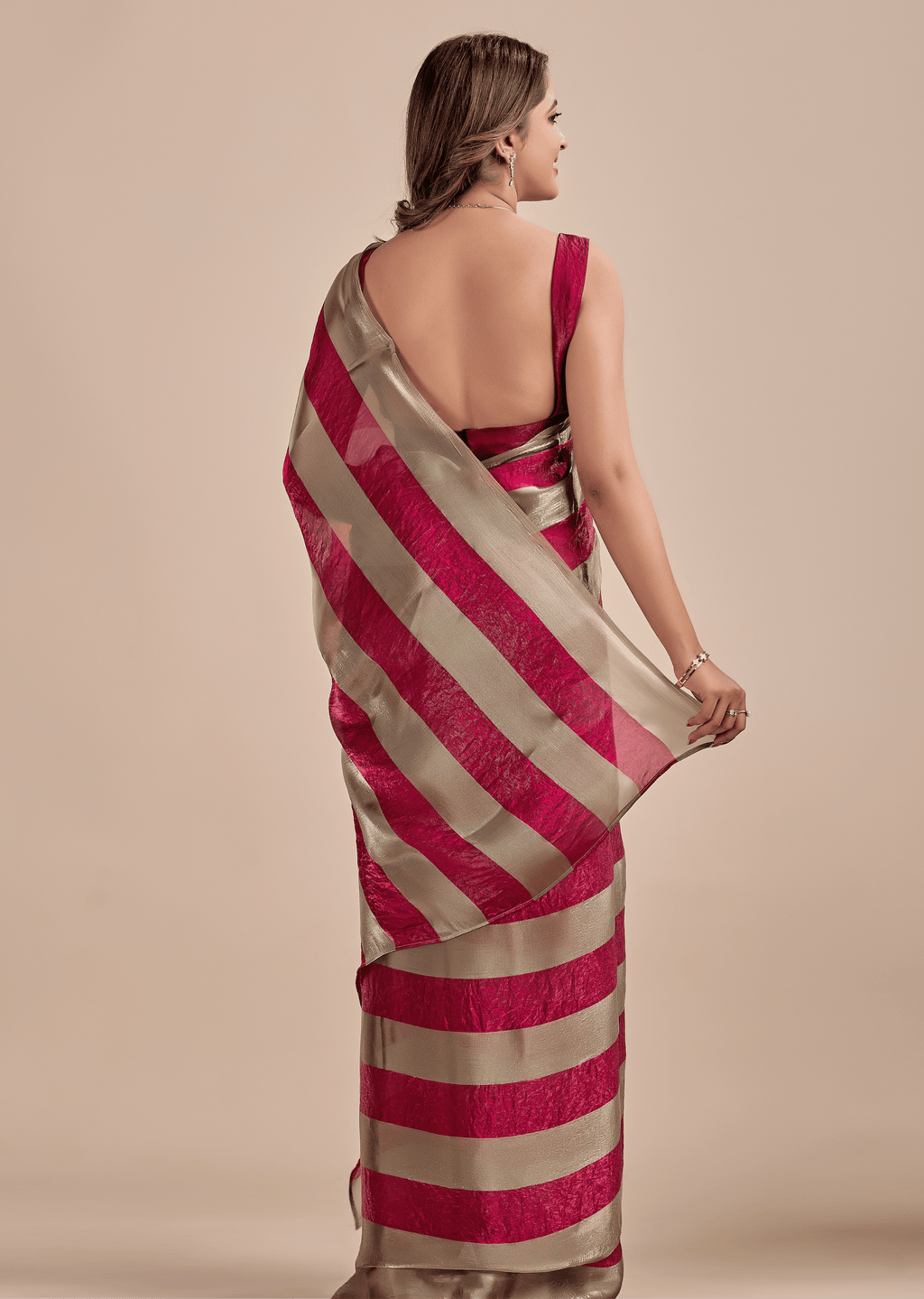 Berry Wine Tissue Silk Saree With Metallic Stripe Weave