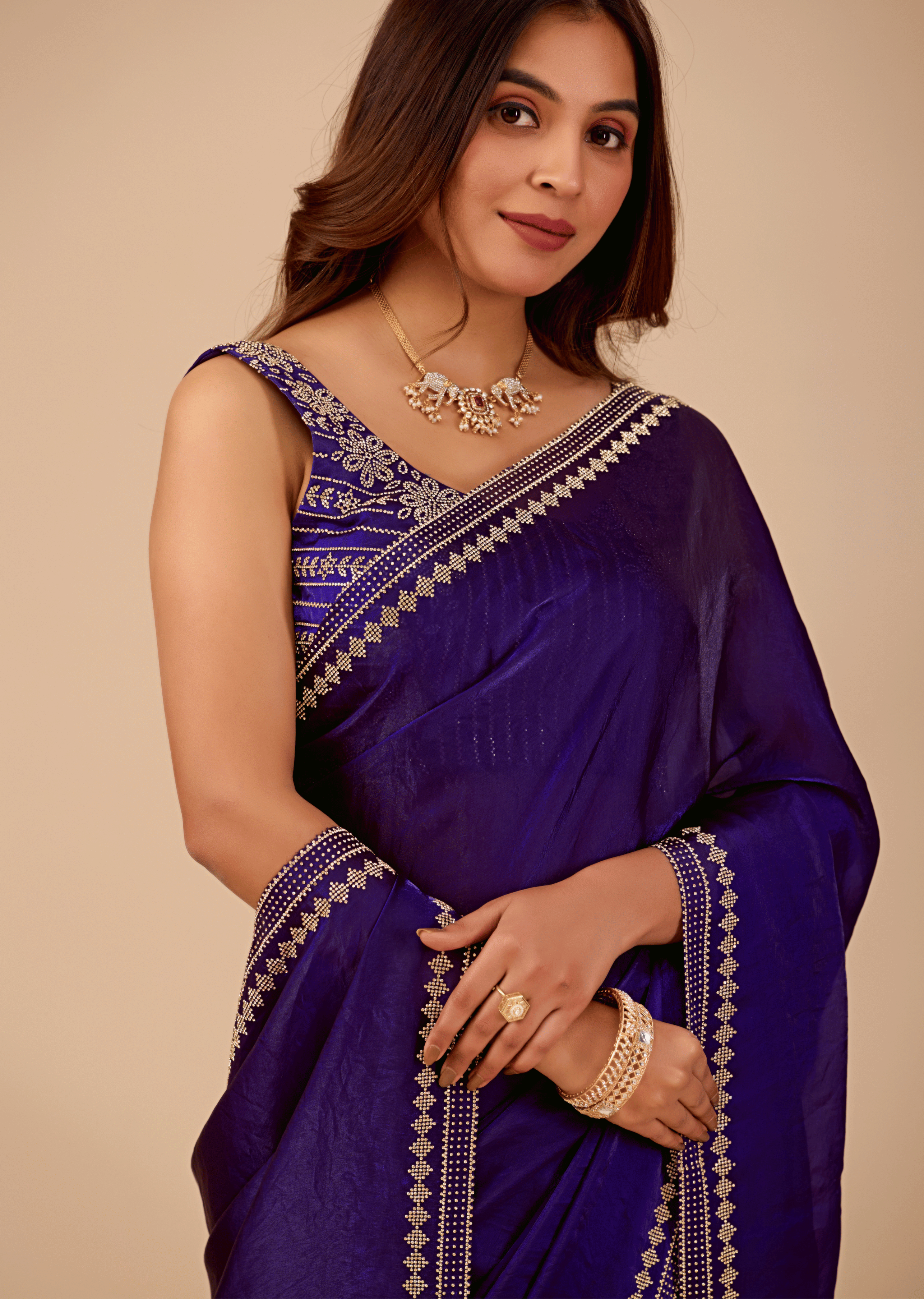Midnight Blue Tissue Silk Saree With Crystal Border Work