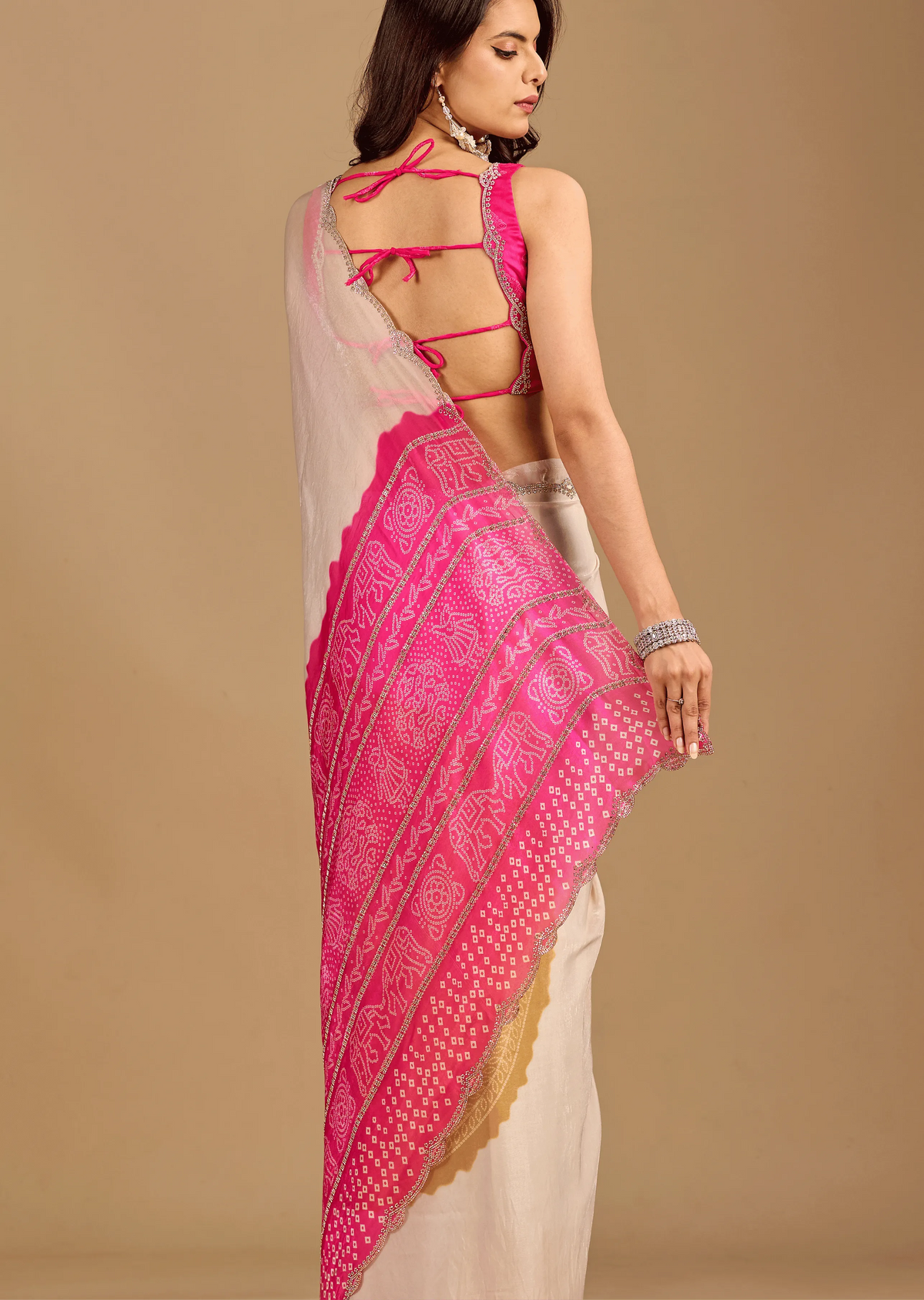 Pink Organza Silk Saree Back Pose - Printed Pallu Detail