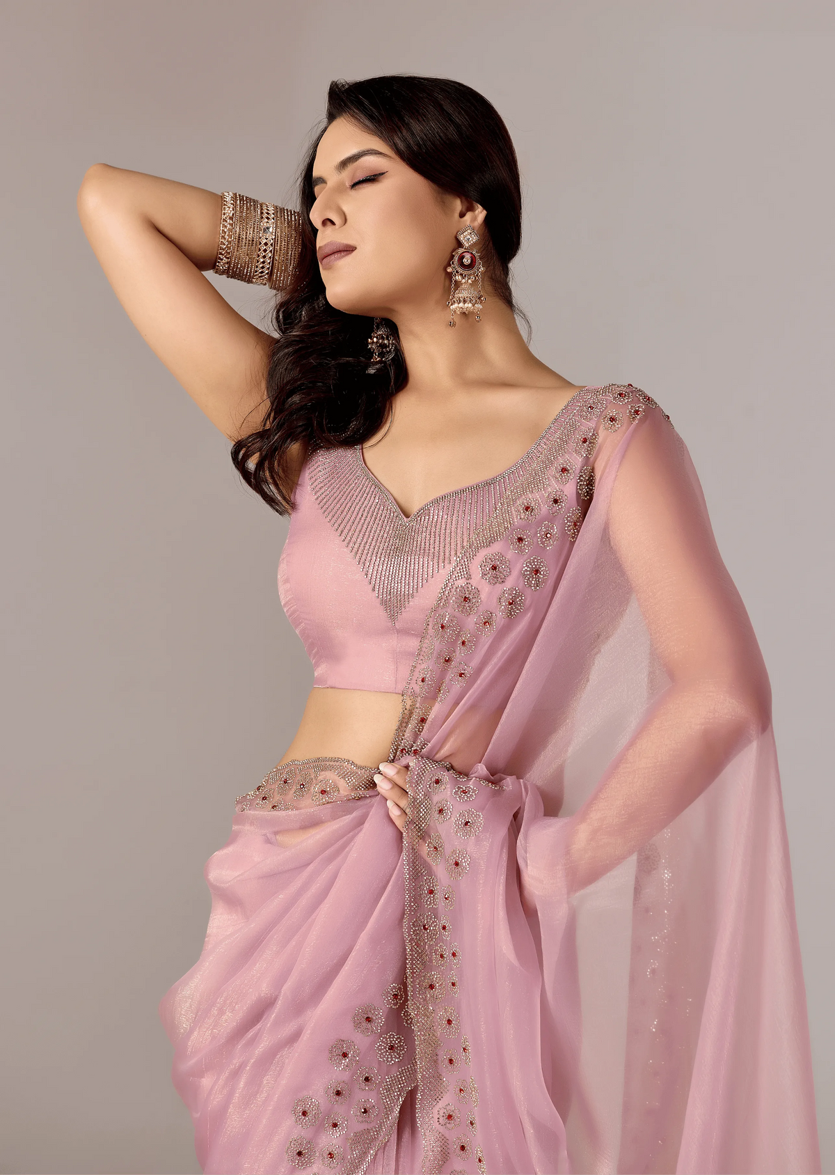 Lavender Purple Tissue Saree Draped Look - Stone Embroidery Design