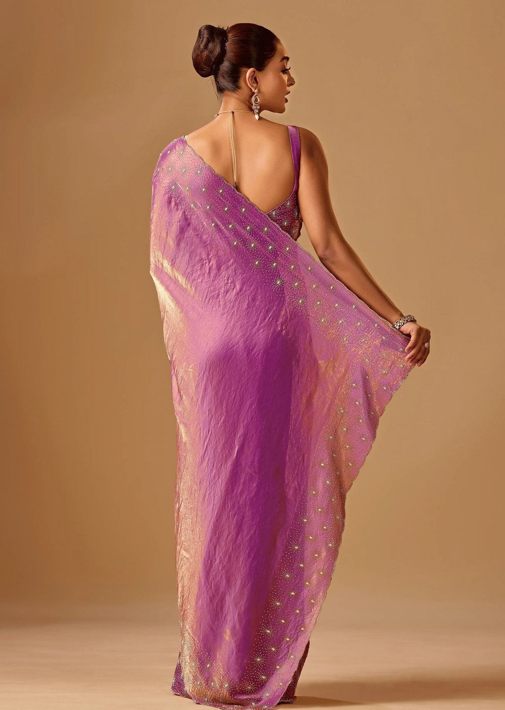Orchid Purple Tissue Silk Saree With Stone Embroidery - Photo 2 | Buy Online Ethnic9