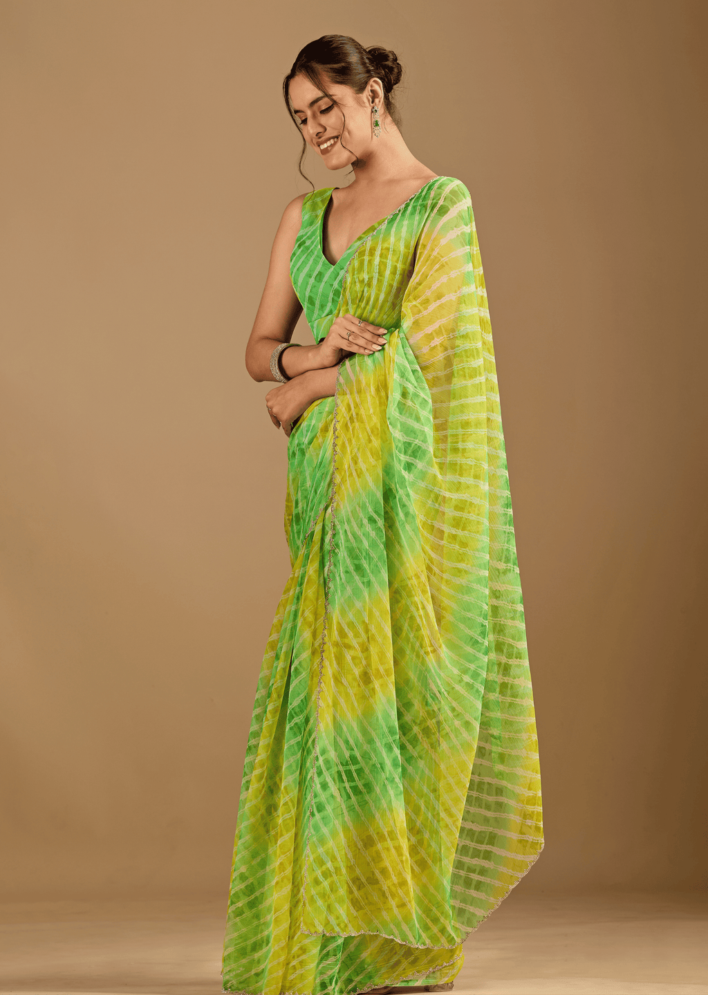Citrus Green Chiffon Saree With Shibori Tie Dye