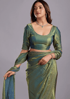Olive Green Tissue Silk Saree With Crystal Spiral Work