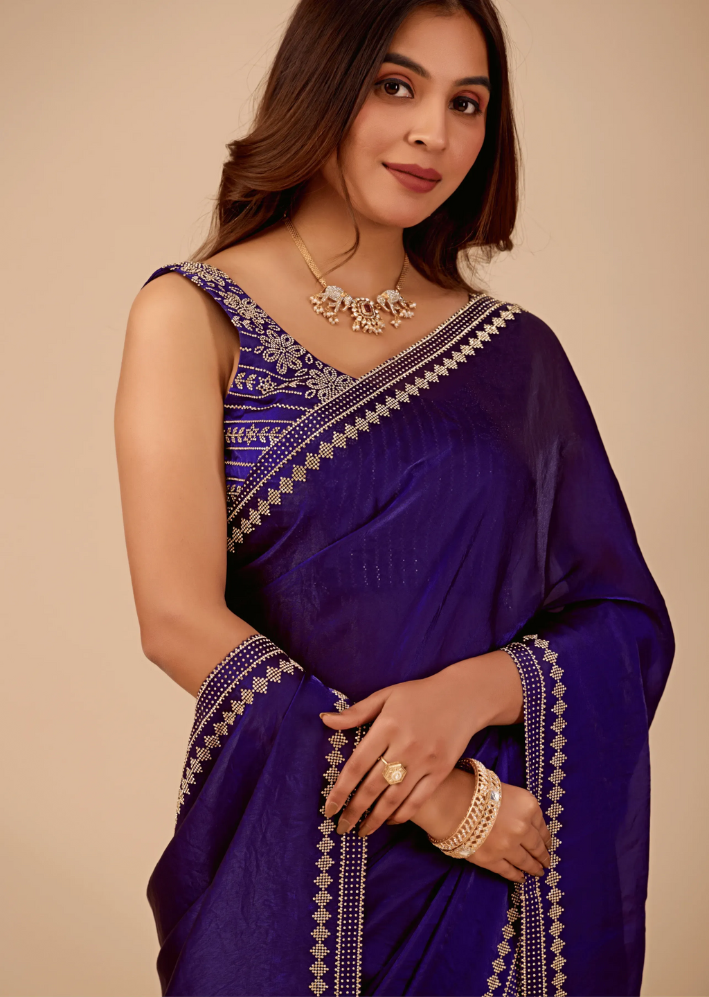 Midnight Blue Tissue Silk Saree With Crystal Border Work