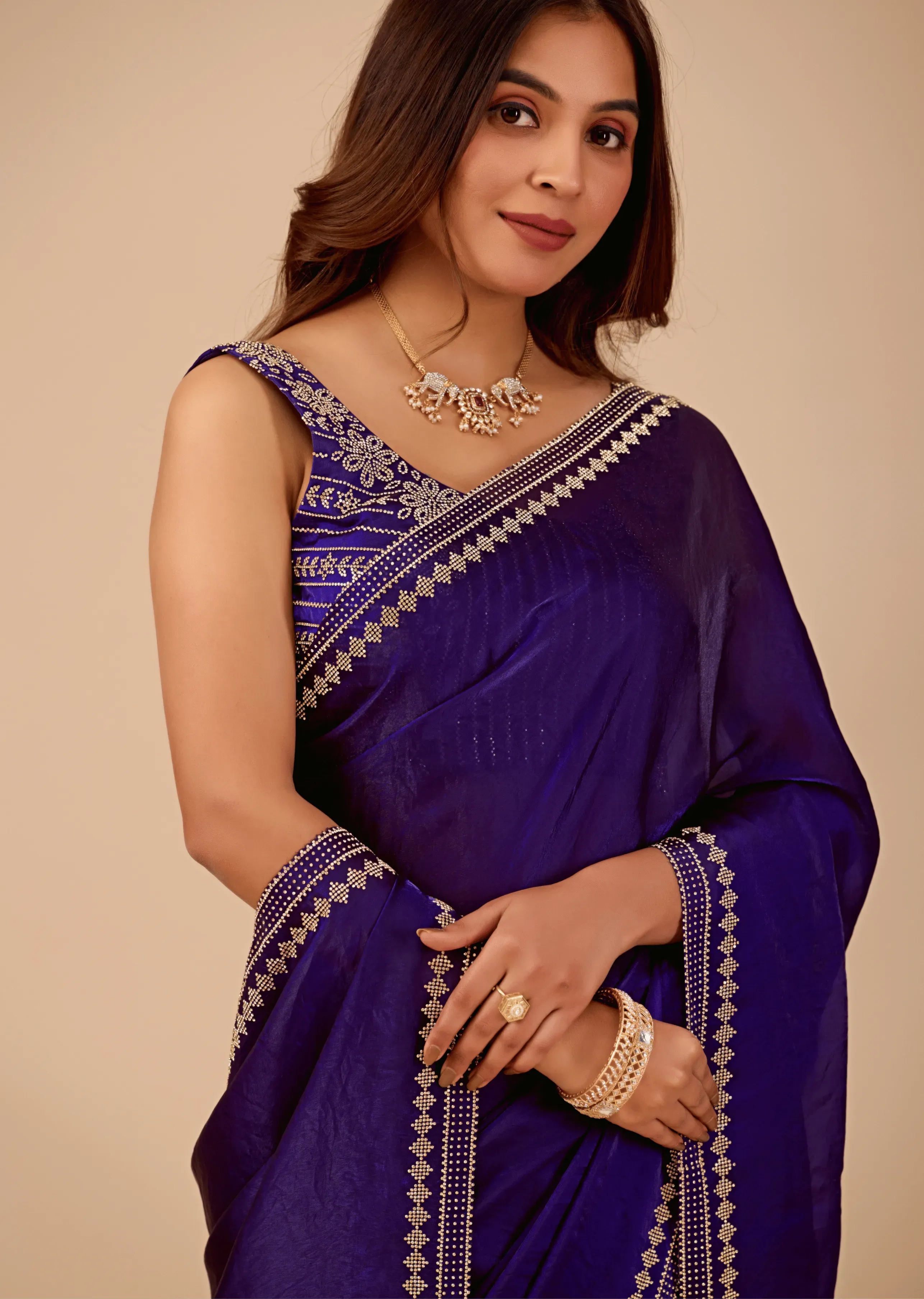 Midnight Blue Tissue Silk Saree With Crystal Border Work