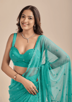 Sea Green Chiffon Saree With Floral Embroidery