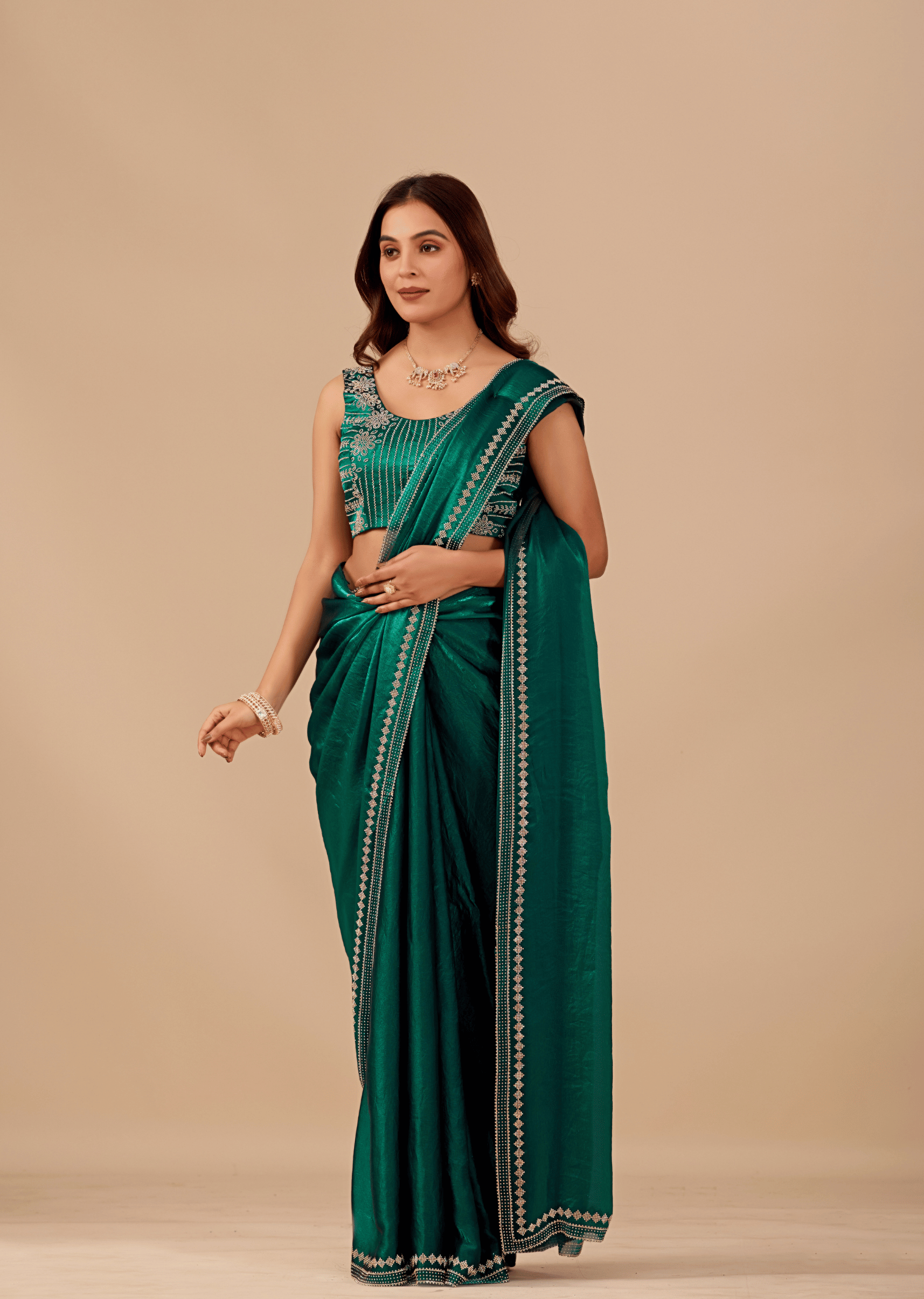 Emerald Teal Tissue Silk Saree With Crystal Border Work