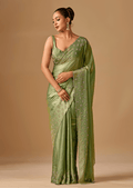 Olive Green Tissue Silk Saree With Stone Embroidery