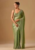 Olive Green Tissue Silk Saree With Stone Embroidery - Front Look | Buy On Ethnic9
