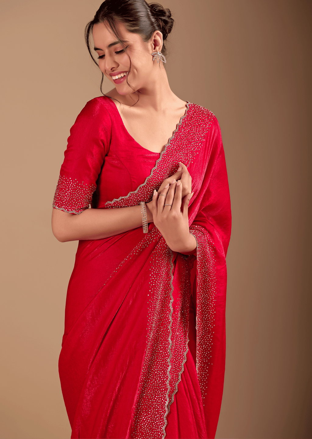 Red Tissue Silk Saree With Stone Work Border