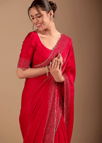 Red Tissue Silk Saree With Stone Work Border