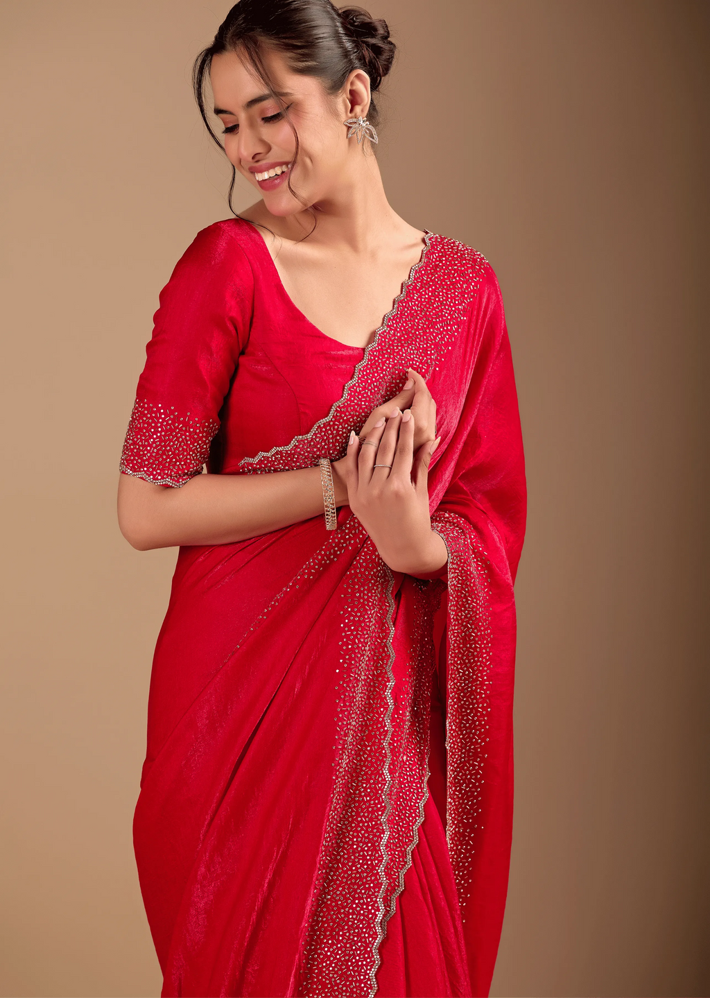 Red Tissue Silk Saree Draped Look - Stone Work Border Design