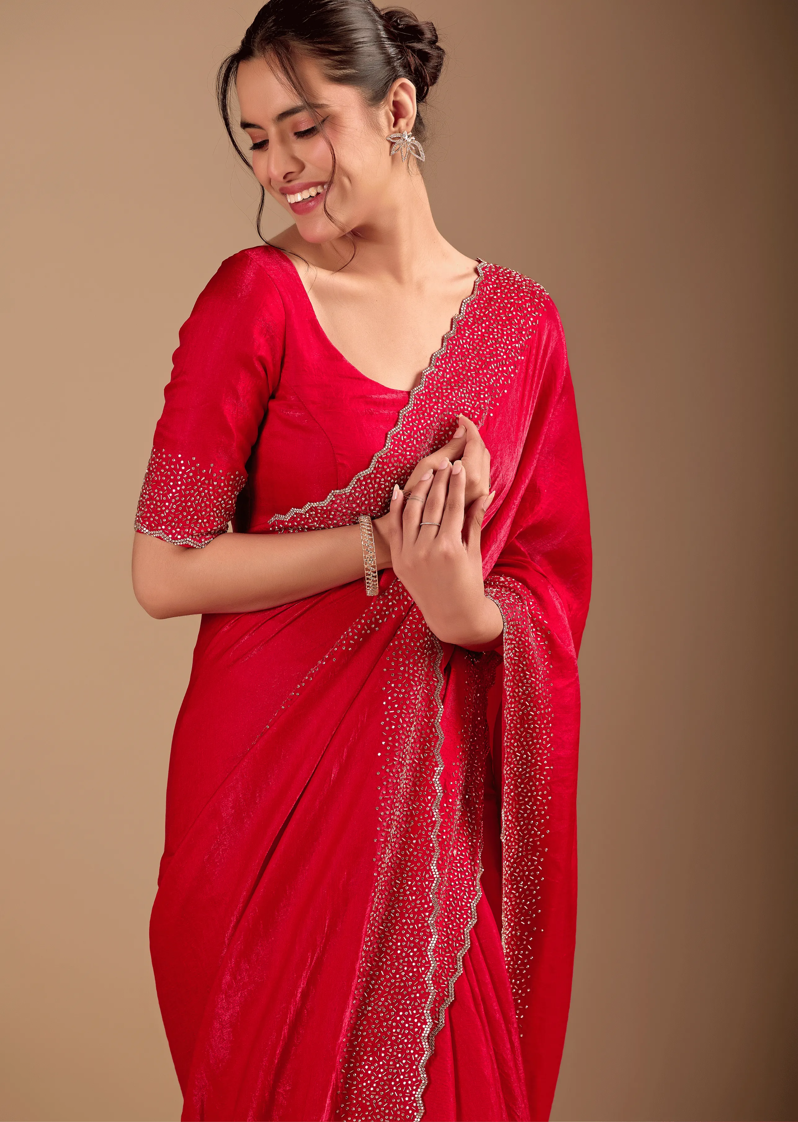 Red Tissue Silk Saree Draped Look - Stone Work Border Design